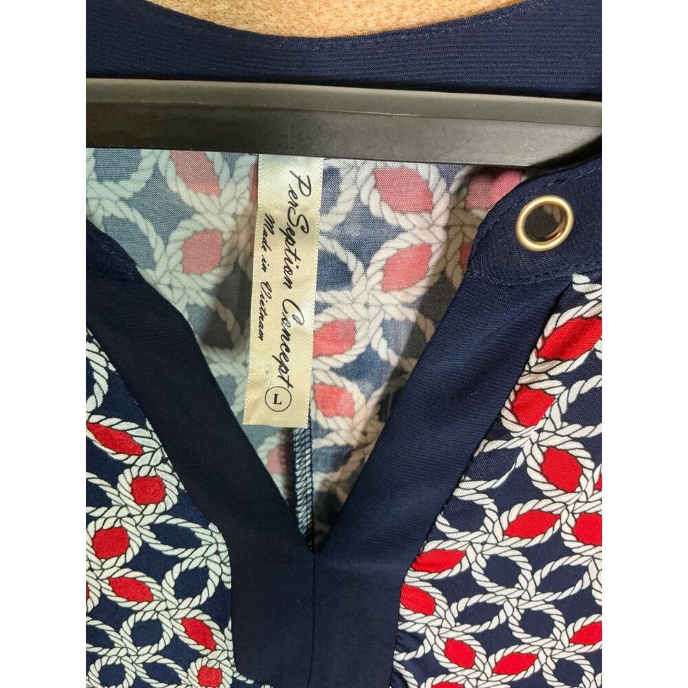 Per‎ Sption Concept Navy Red White Geometric Print V Neck Midi Dress Women L - Picture 5 of 10